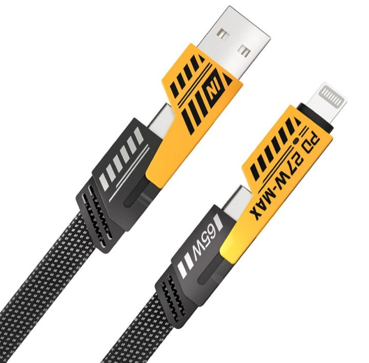 4 in 1 Fast Charging Cable (Type C/USB A/Lightning) Dual Type C PD 27W 65W Nylon Braided Cable | Flat Braided i-Phone Charging Cable with Velcro Multi Charging Cable Combo Type C/USB-A Ports