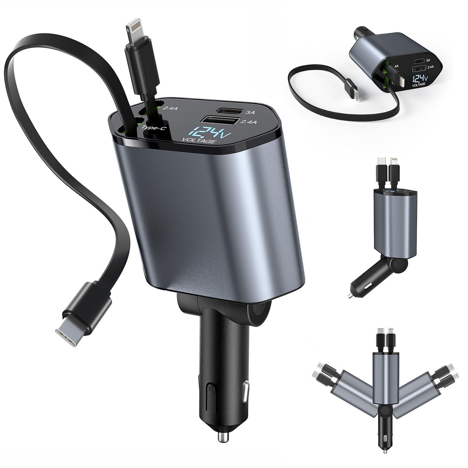 4 In 1 120W Retractable Super Fast Charging Voltage Display Car Charger (Best seller)