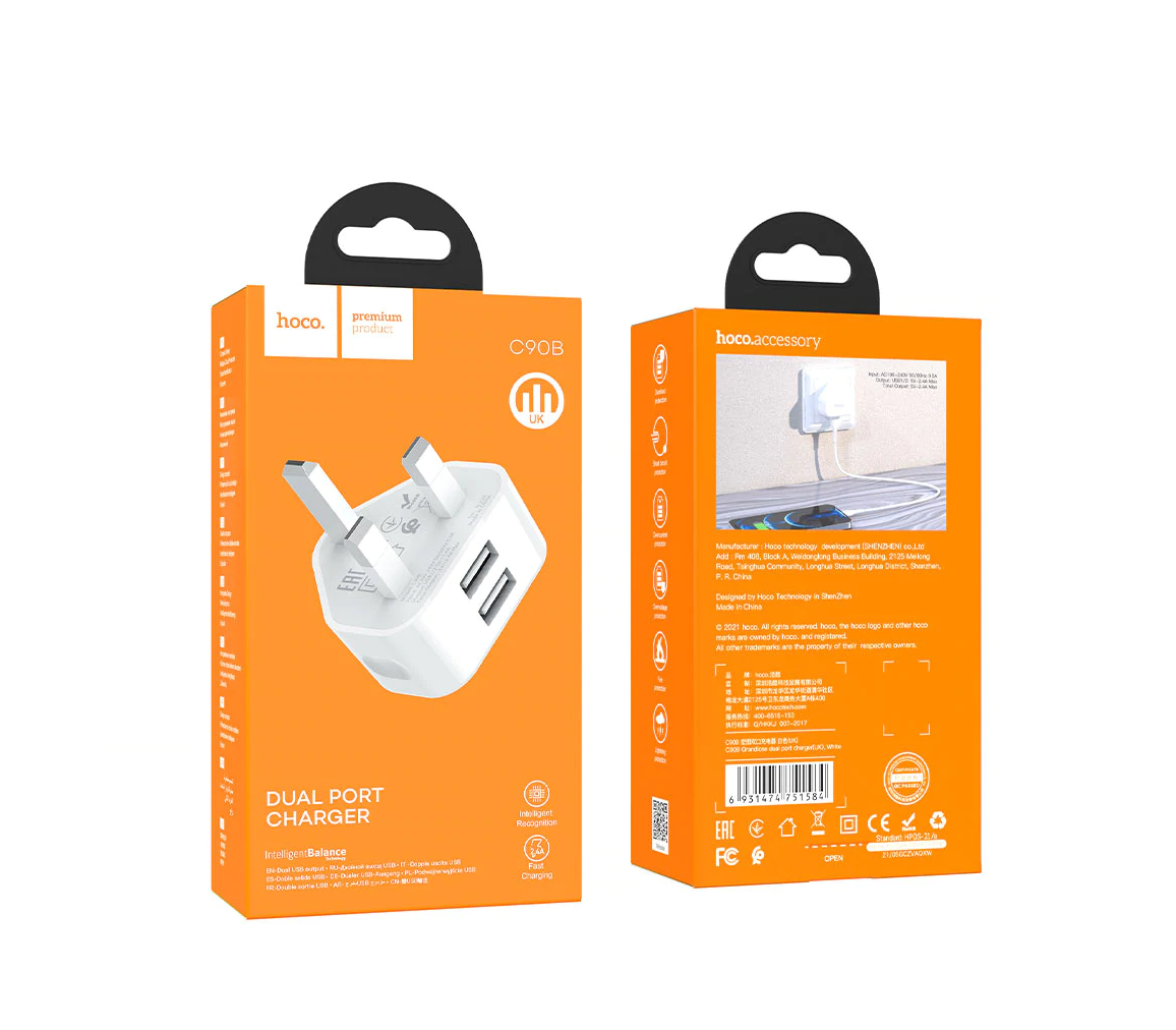 Hoco C90B Grandiose, wall charger, dual USB 2.1A output, UK plug for Samsung & iPhone