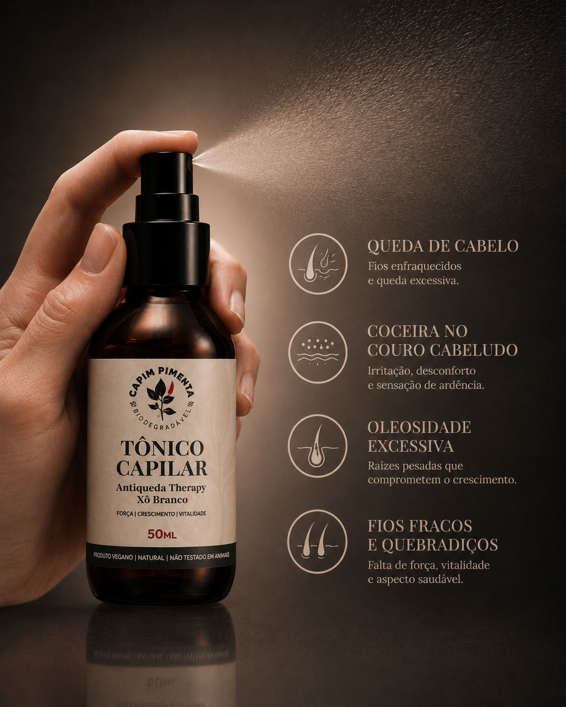 Tônico Capilar Antiqueda, Crescimento Capilar, Hidratante, 50ml.
