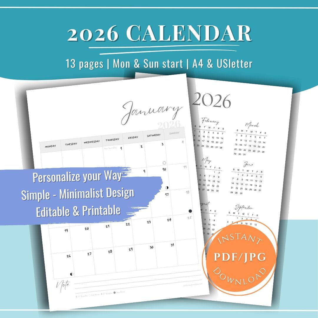 2026 Minimalist Calendar | Printable Monthly Planner PDF
