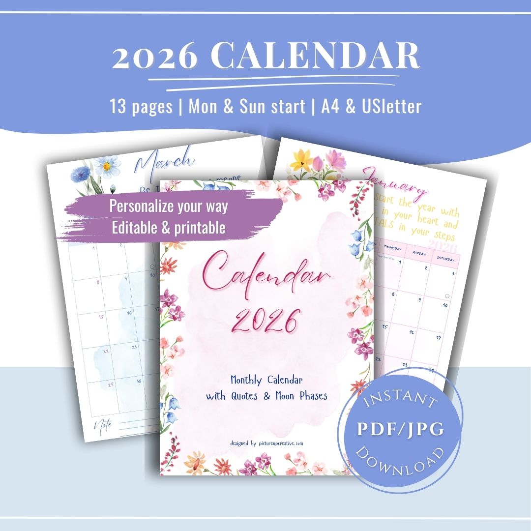 2026 Floral Calendar | Printable Monthly Calendar PDF