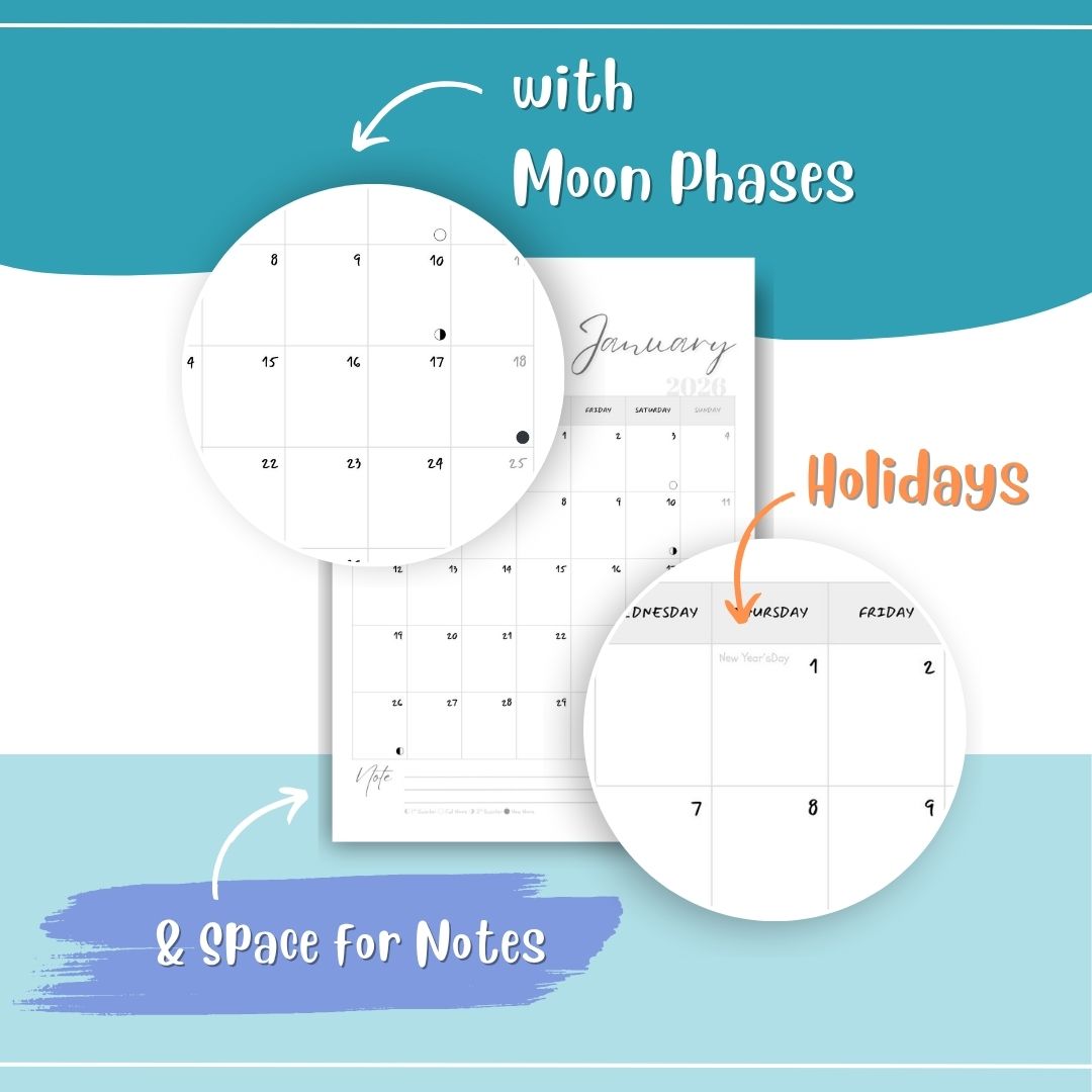 2026 Minimalist Calendar | Printable Monthly Planner PDF