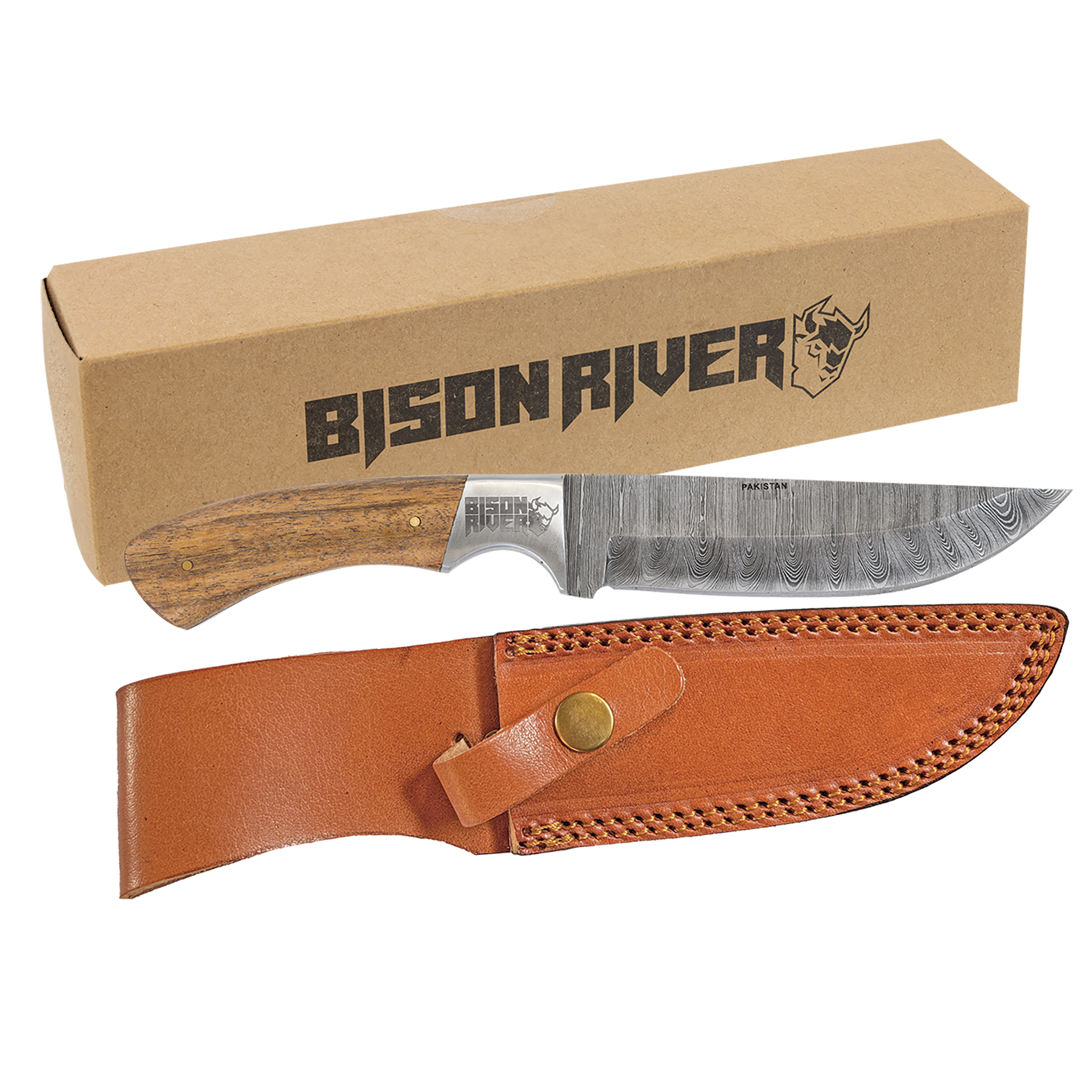 Damascus Steel Acacia Wood Bison River Knife 