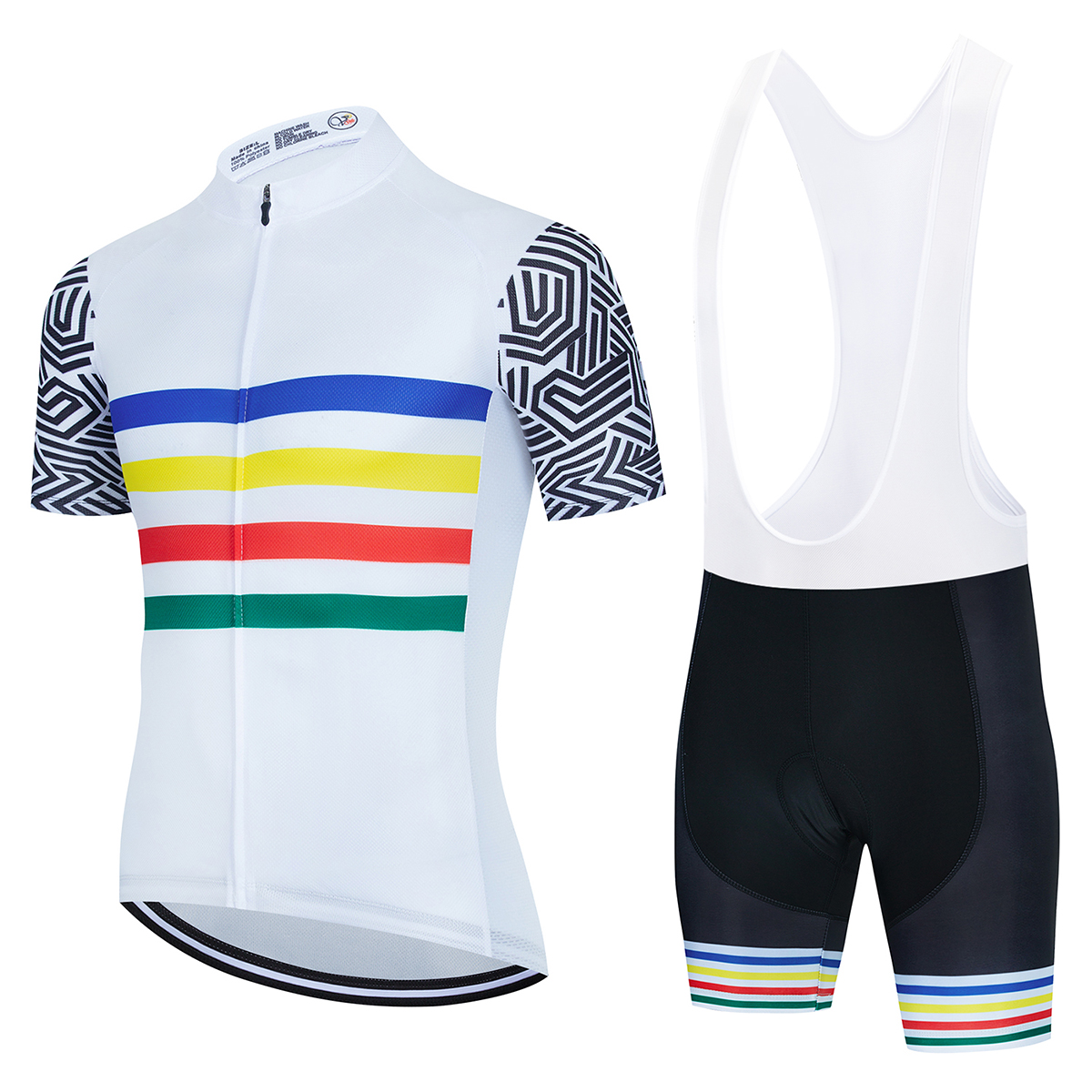 White Cycling Jersey Set with Sporty Stripes & Mayan Pattern