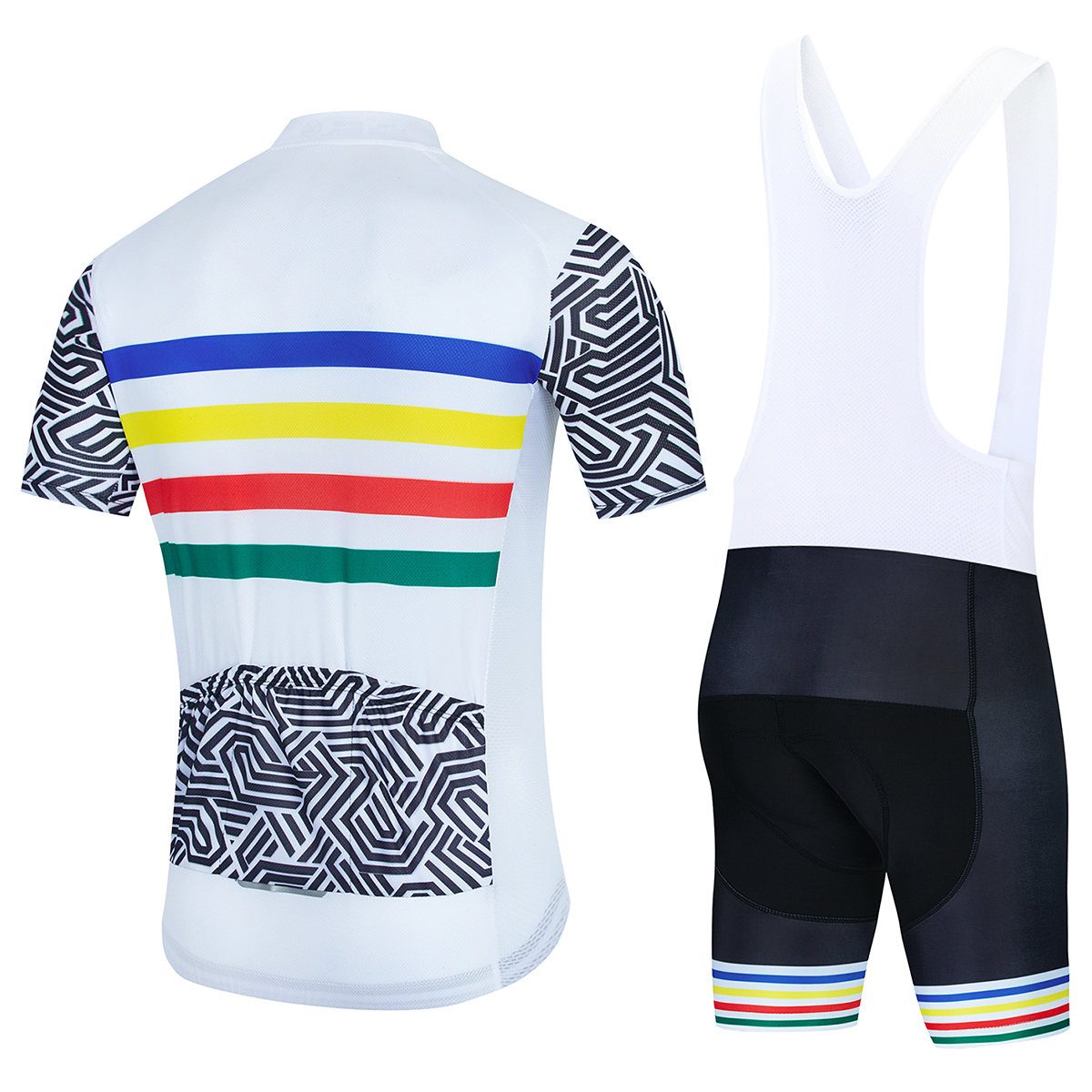White Cycling Jersey Set with Sporty Stripes & Mayan Pattern