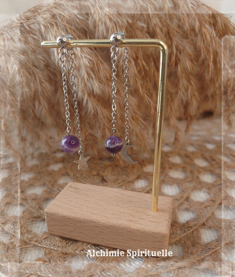 Boucles d'oreilles Améthyste, Lune et Étoile,