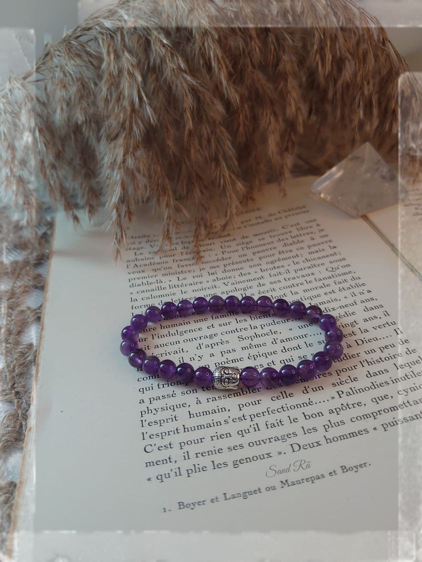 Bracelet Améthyste, perle Bouddha / 6mm