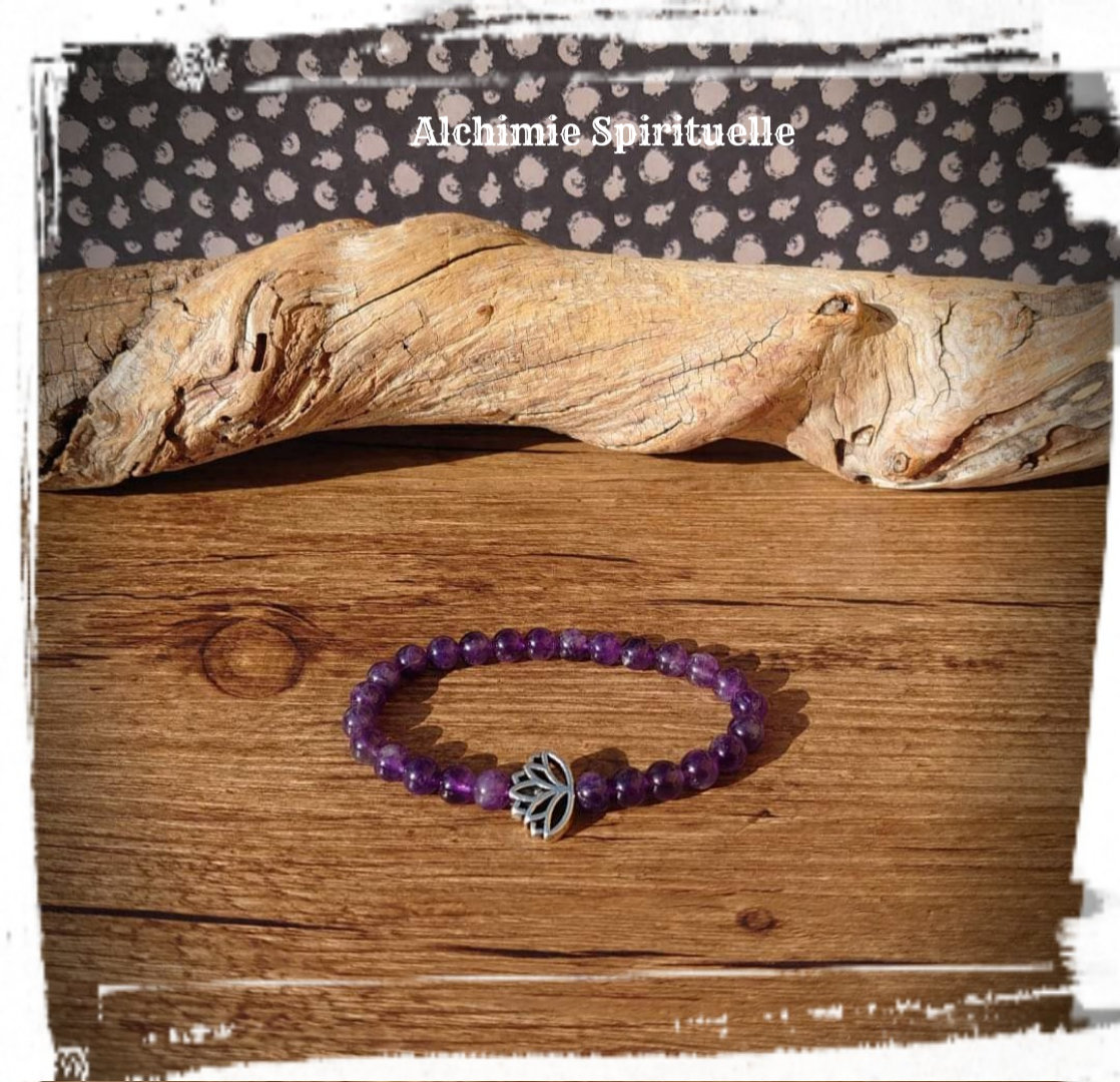 Bracelet perle Fleur de Lotus, Améthyste / Silver