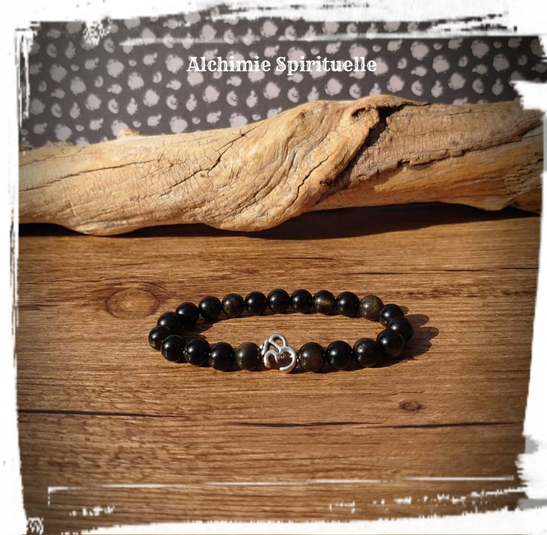 Bracelet Obsidienne Dorée, perle Om / Silver