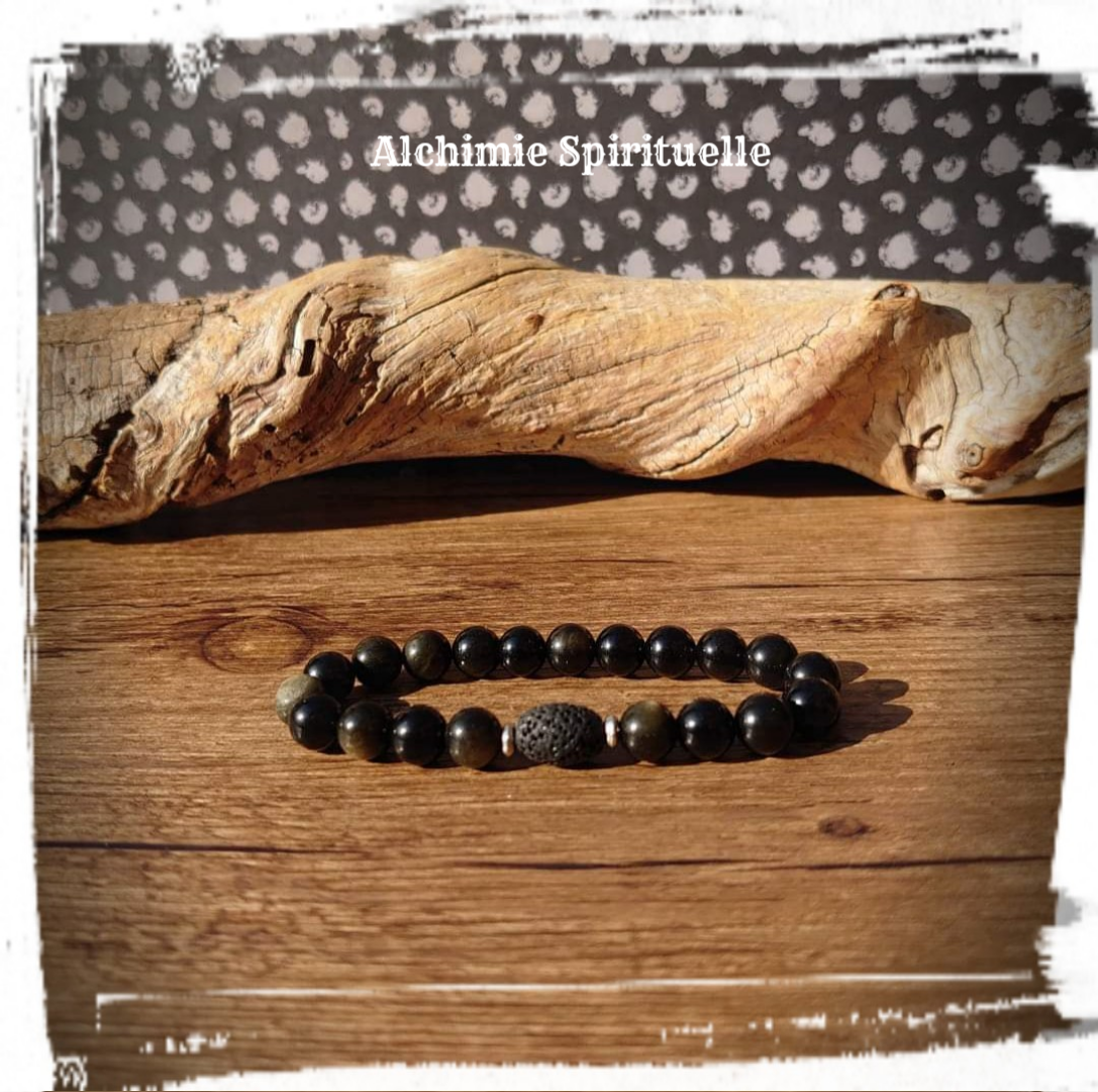 Bracelet diffuseur d'huile essentielle, obsidienne dorée