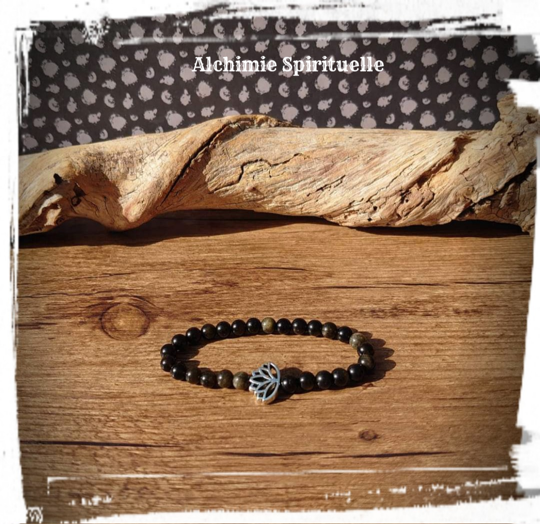Bracelet Obsidienne Dorée, perle fleur de Lotus