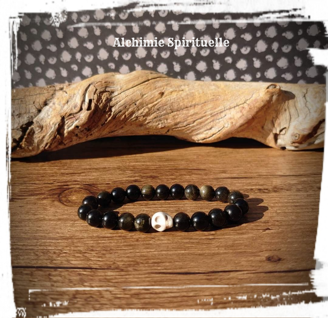 Bracelet Obsidienne Dorée, perle tête de mort