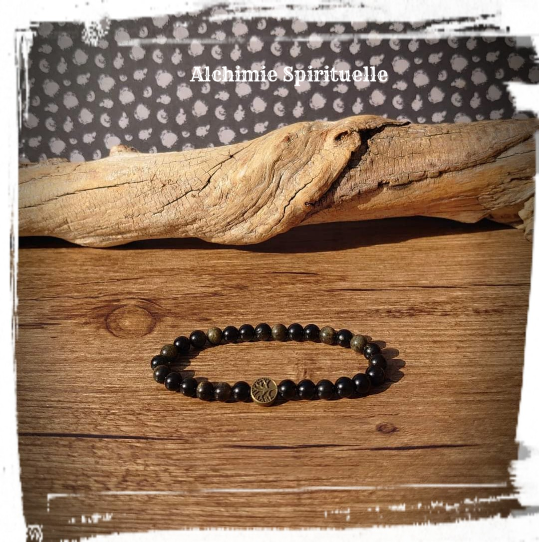 Bracelet Obsidienne Dorée, perle Arbre de vie