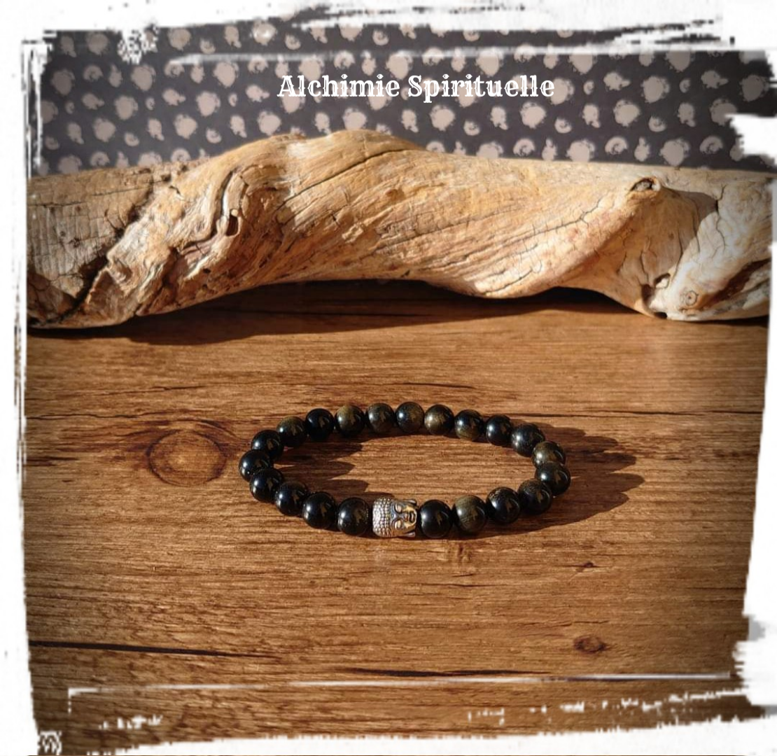 Bracelet Obsidienne Dorée, perle Bouddha /