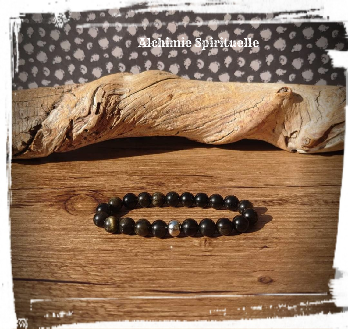 Bracelet Obsidienne Dorée, perle acier inoxydable / 8mm