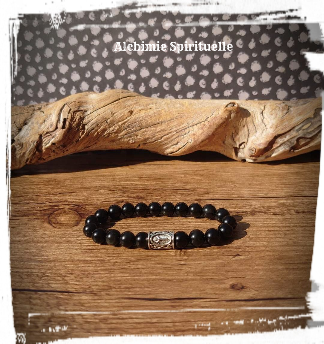 Bracelet Obsidienne œil céleste, Rune Algiz