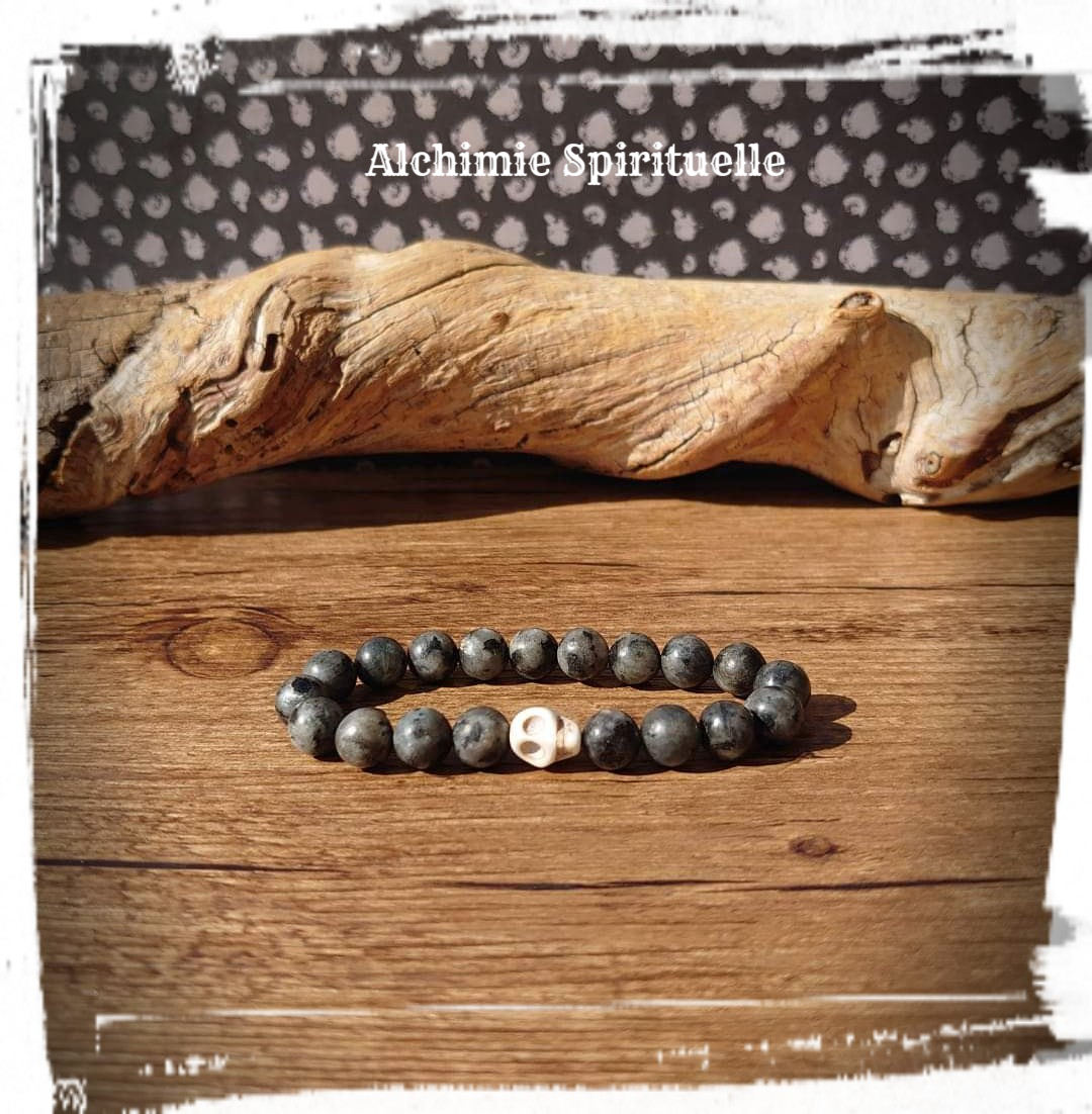 Bracelet Larvikite, perle Tête de mort