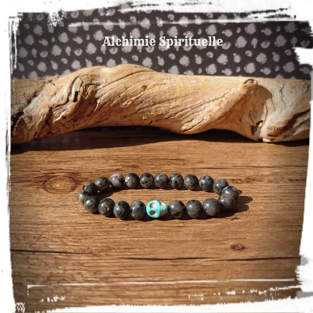 Bracelet Larvikite, perle Tête de mort