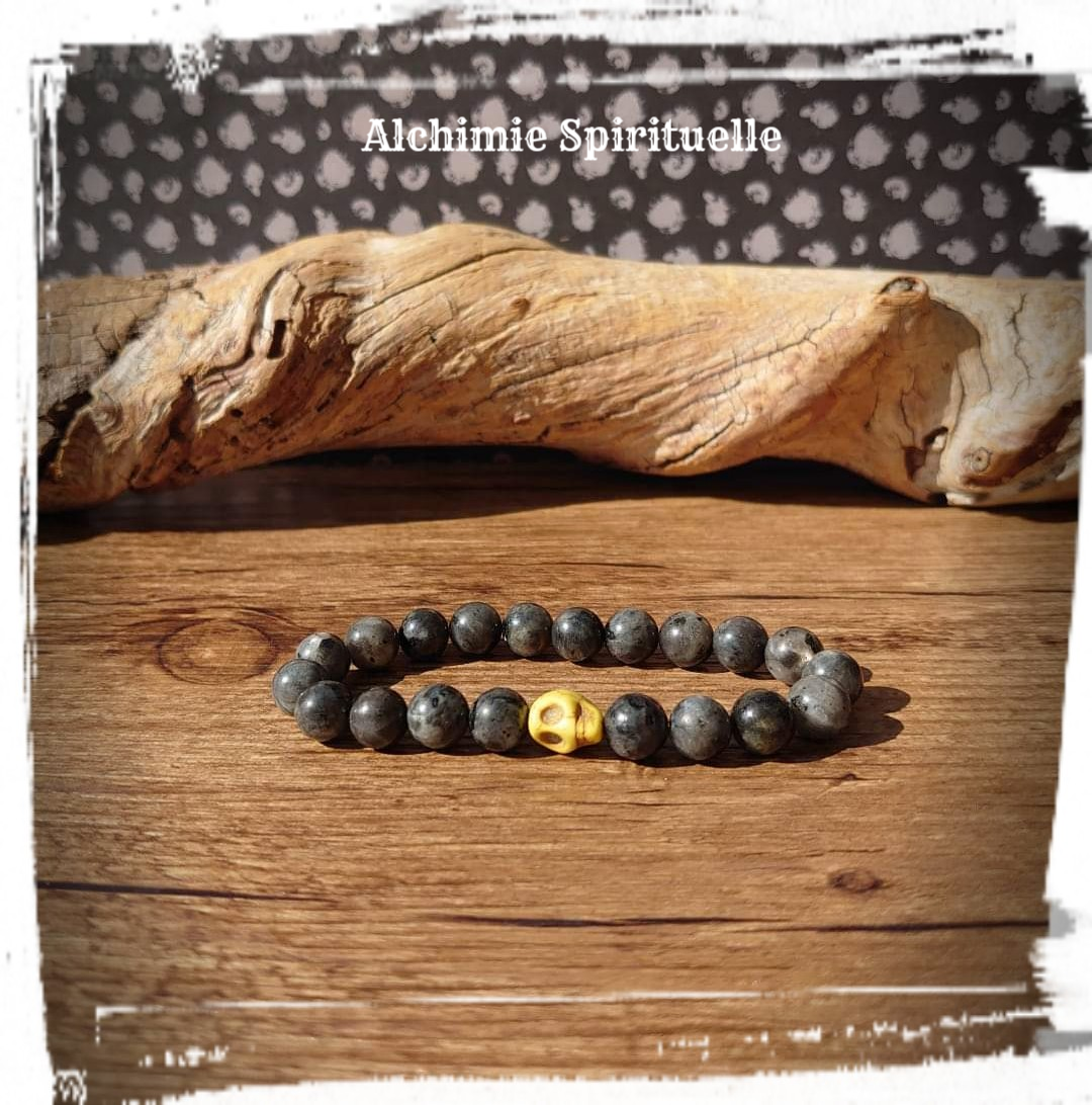 Bracelet Larvikite, perle Tête de mort
