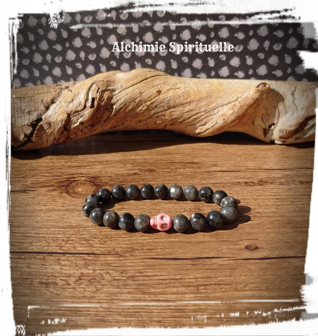 Bracelet Larvikite, perle Tête de mort