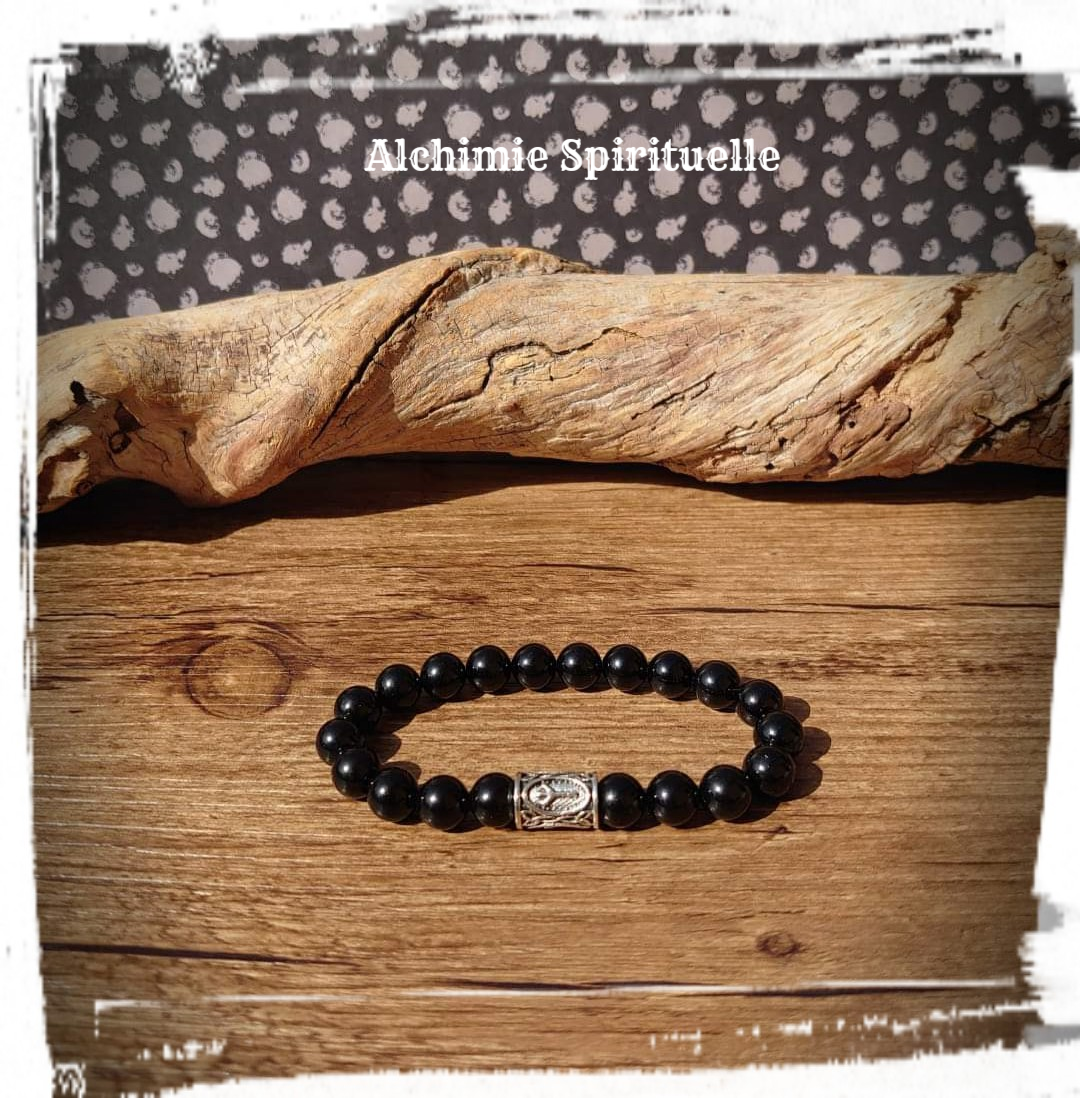 Bracelet Tourmaline noire, perles Rune Algiz