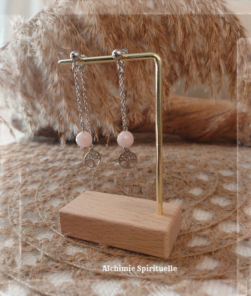 Boucles d'oreilles, Arbre de vie et Quartz Rose 