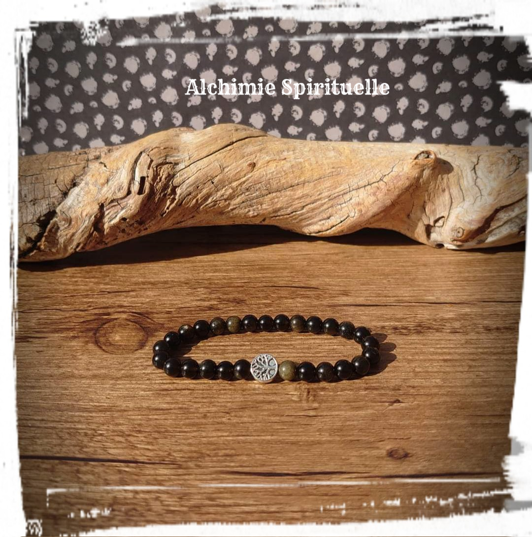Bracelet Obsidienne Dorée, perle Arbre de vie 