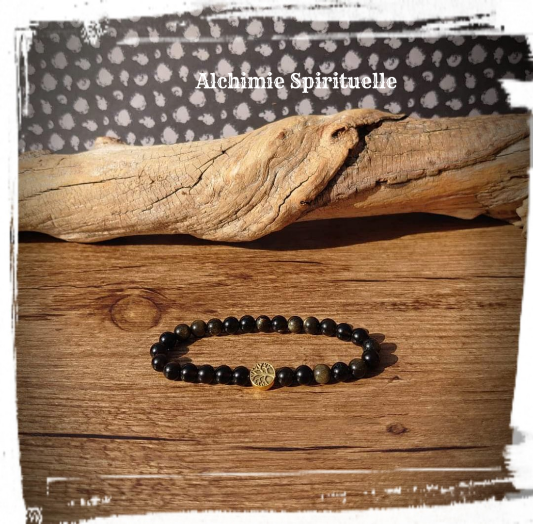 Bracelet Obsidienne Dorée, perle Arbre de vie 
