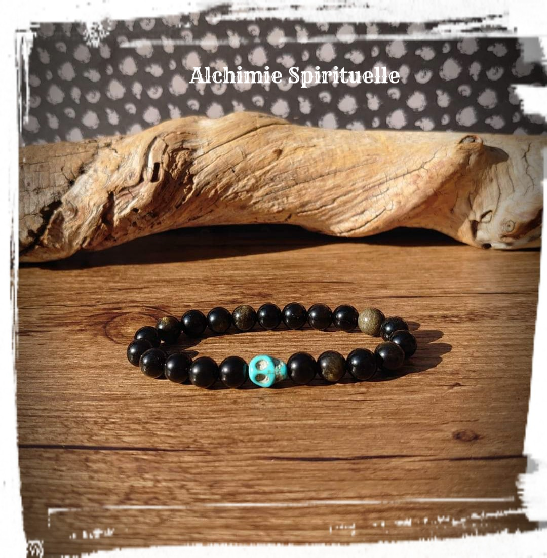 Bracelet Obsidienne Dorée, perle tête de mort 