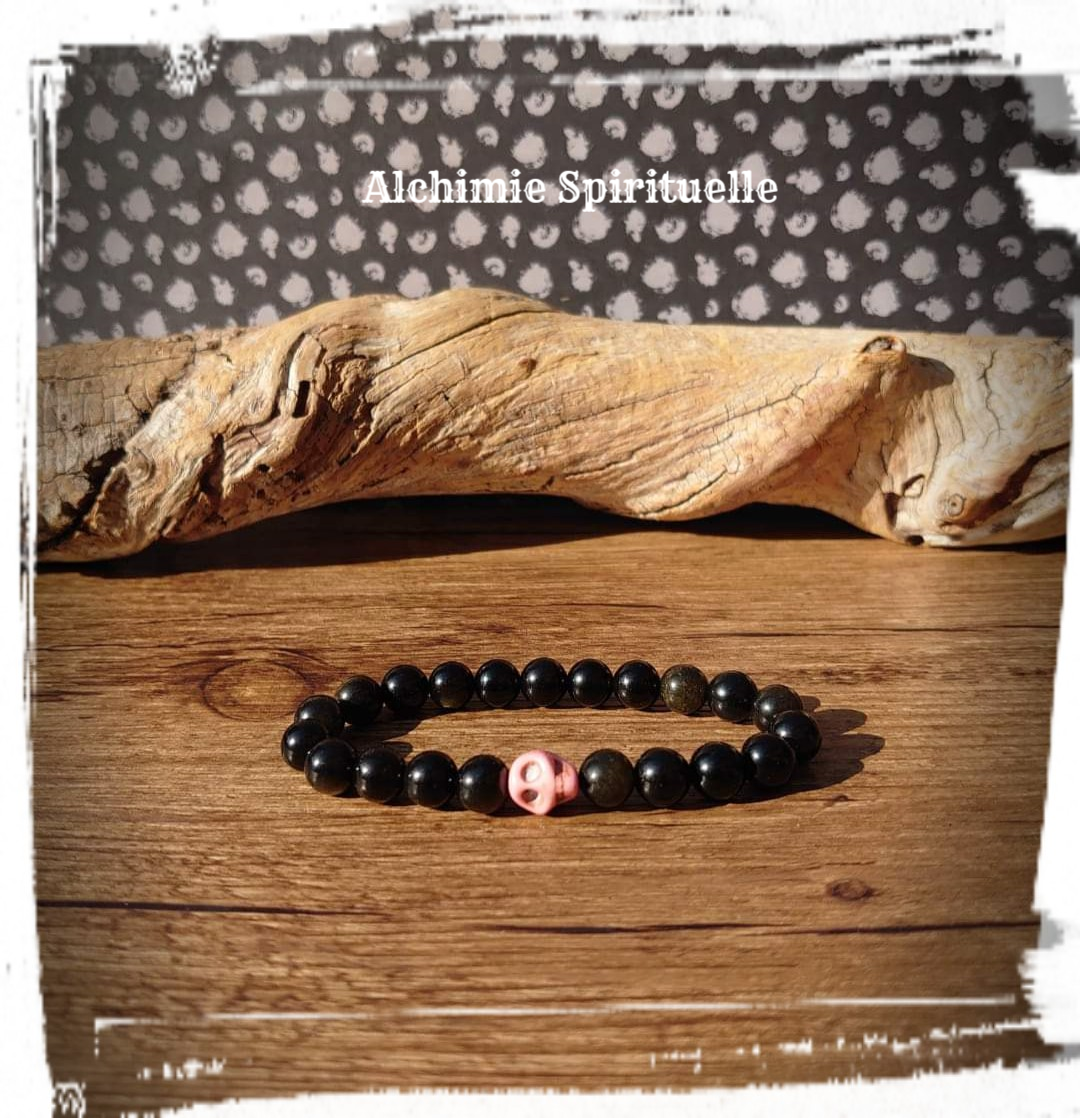 Bracelet Obsidienne Dorée, perle tête de mort 