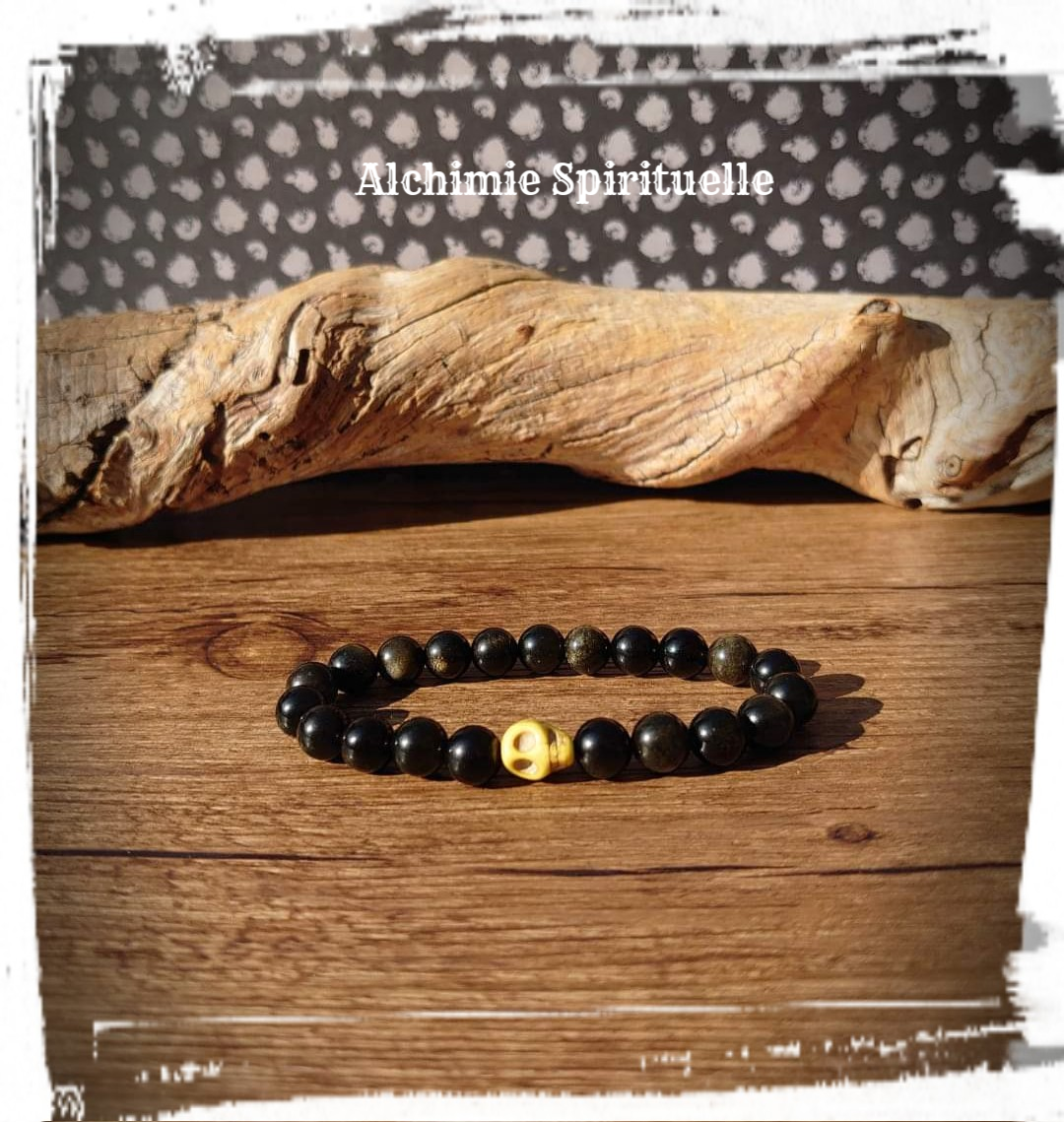 Bracelet Obsidienne Dorée, perle tête de mort 