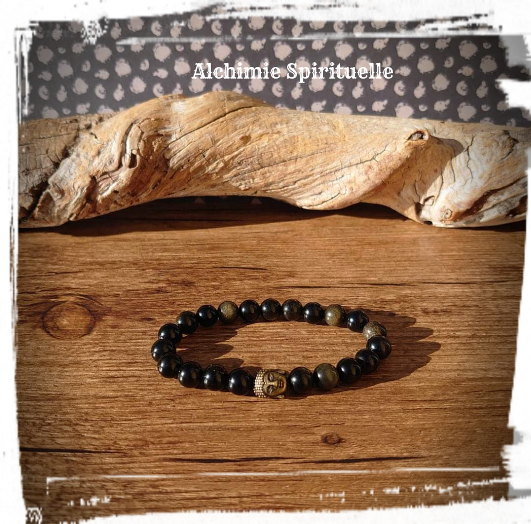 Bracelet Obsidienne Dorée, perle Bouddha / 
