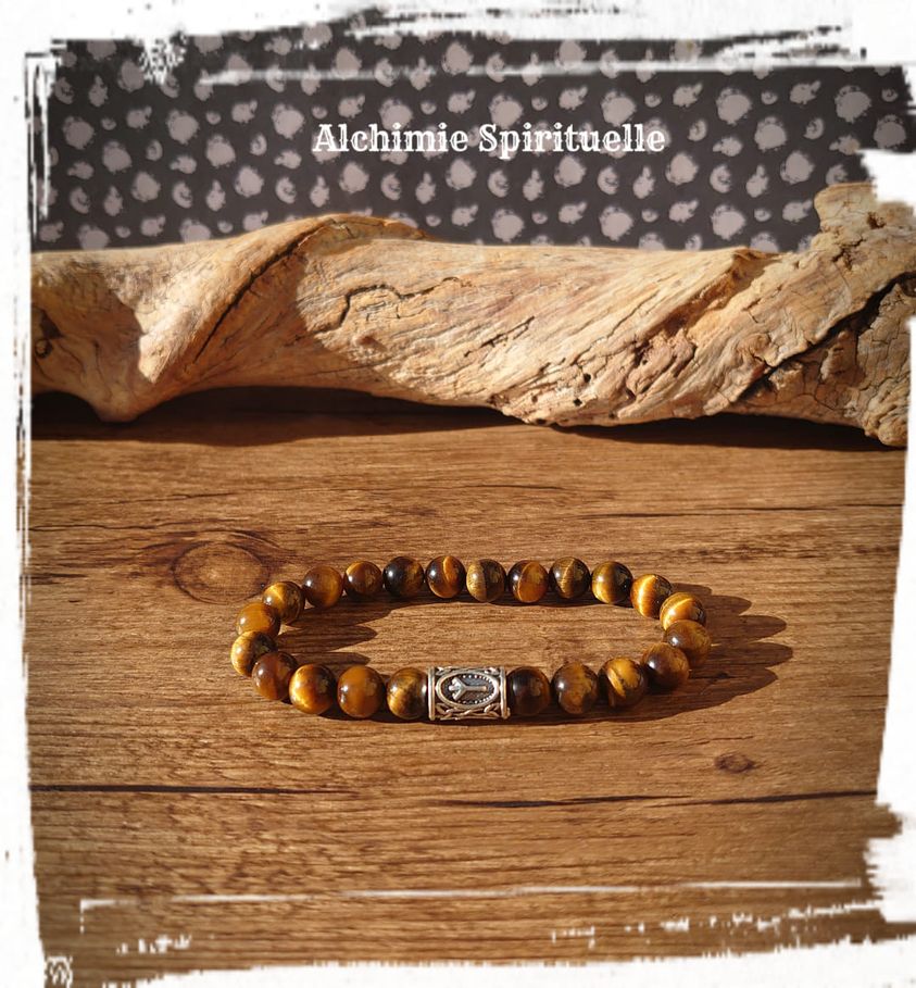 Bracelet Œil de tigre, perle Rune Algiz