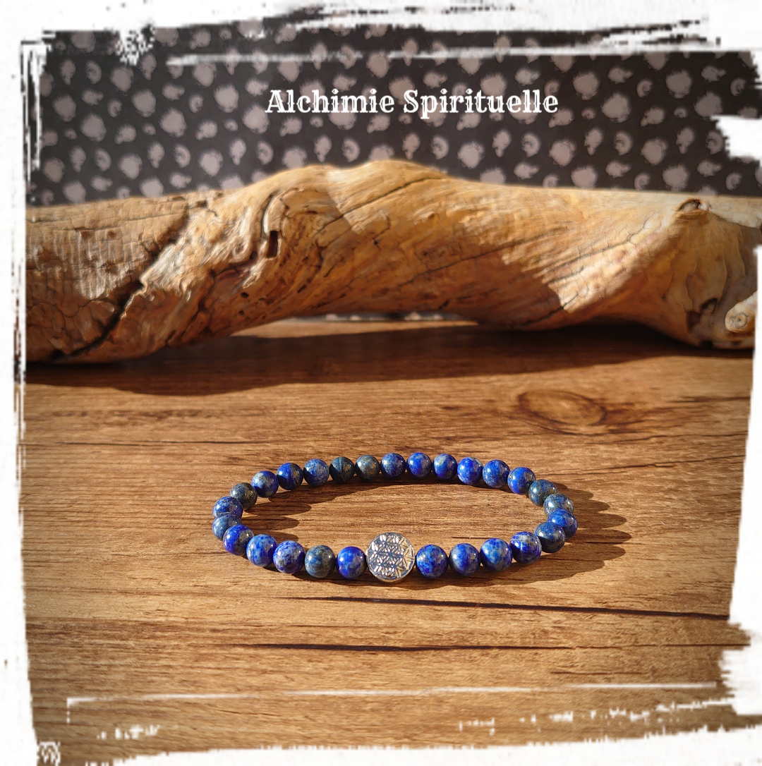 Bracelet  Lapis Lazuli, perle Fleur de vie