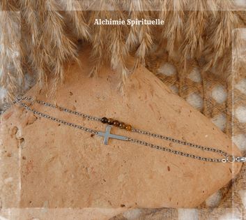 Bracelet duo Croix, Œil de tigre 