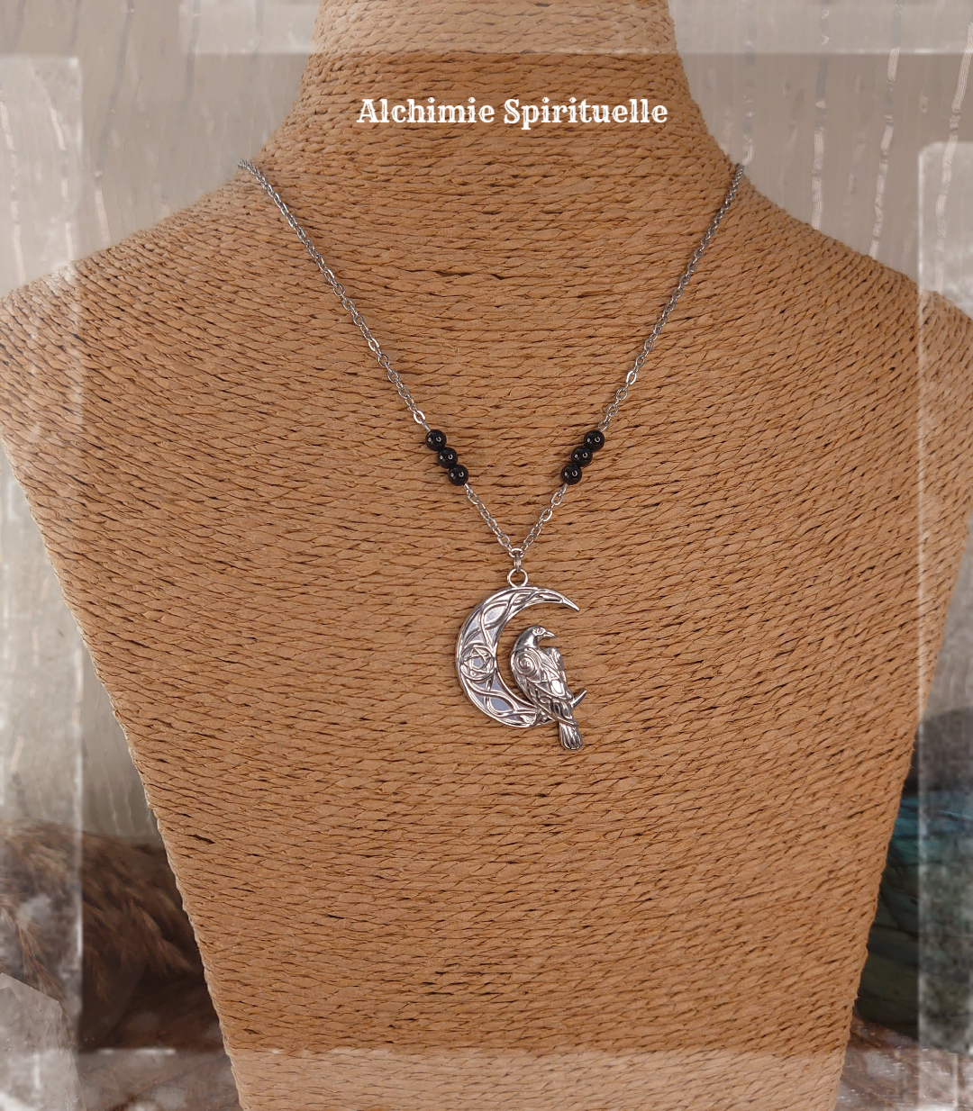 Collier Talisman Lune Corbeau et pentacle