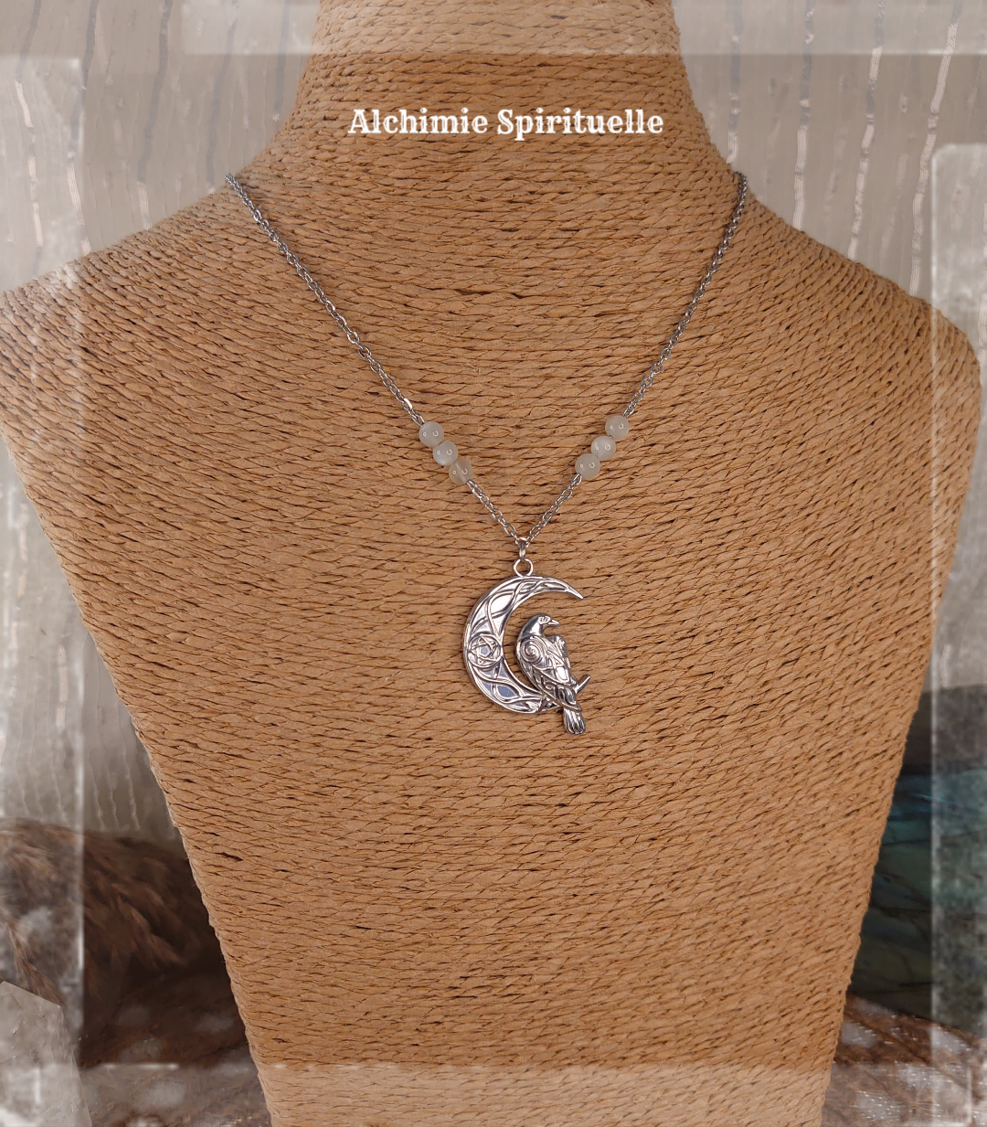 Collier Talisman Lune Corbeau et pentacle