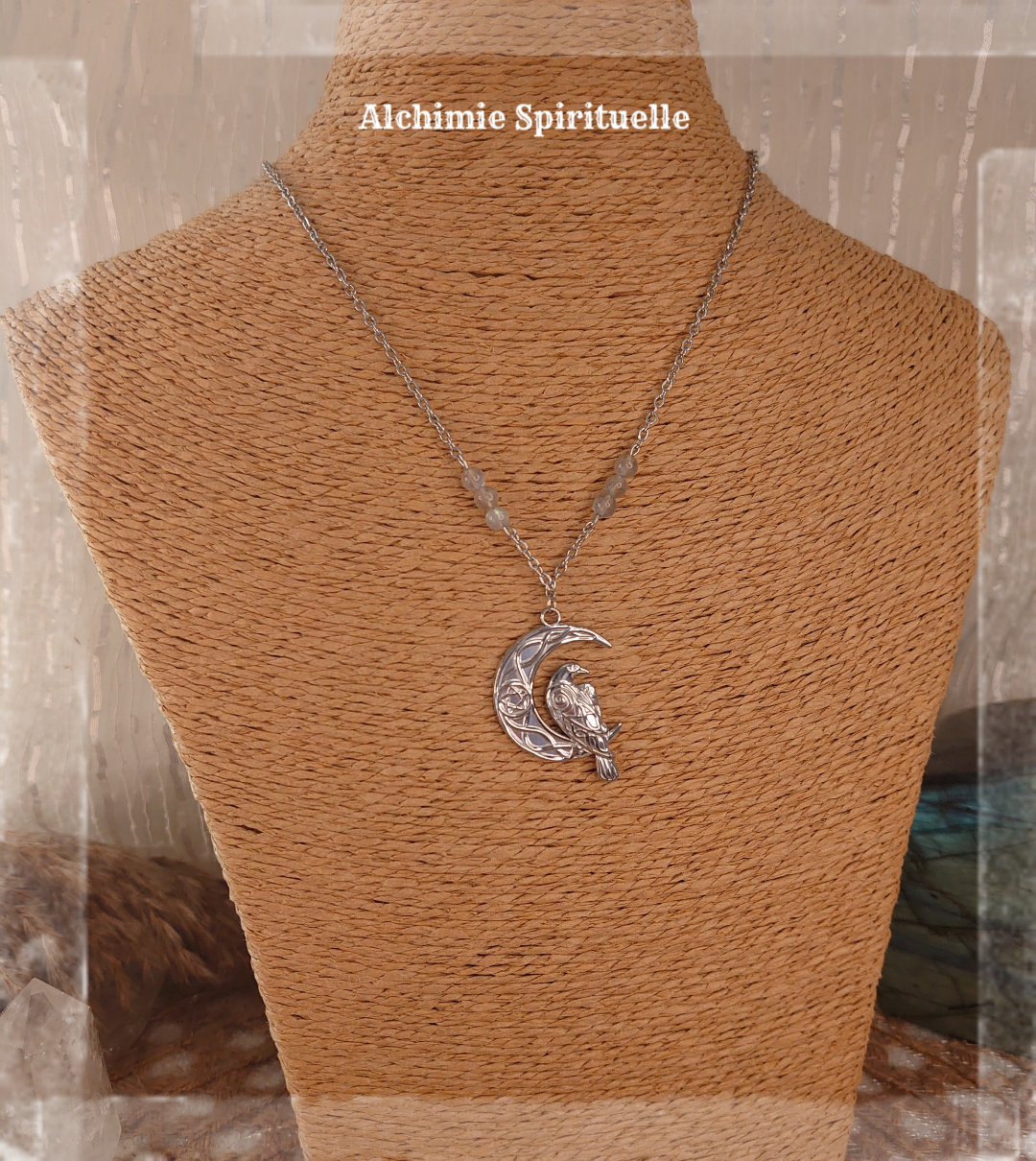 Collier Talisman Lune Corbeau et pentacle