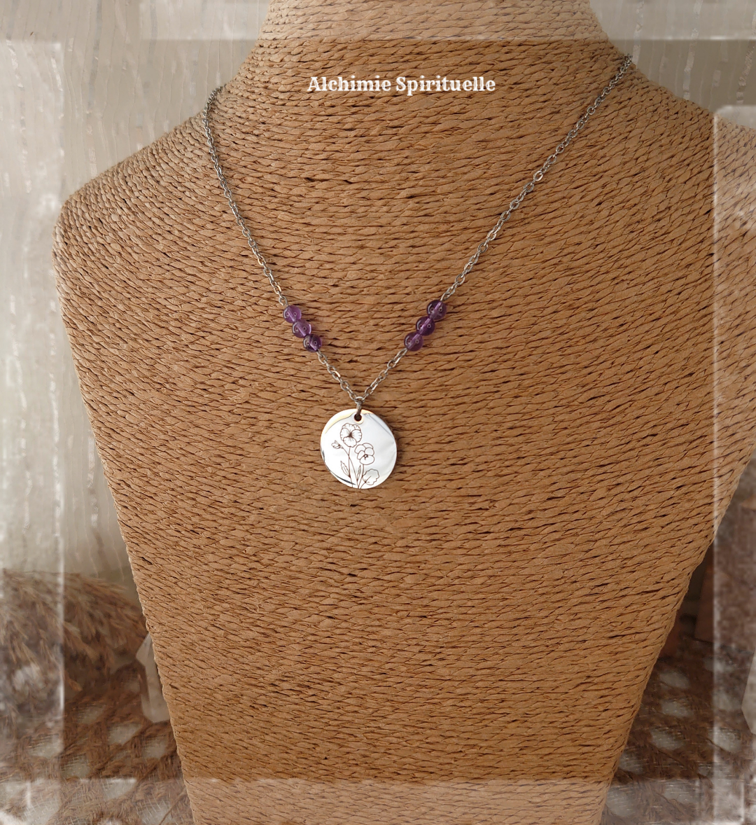 Collier Fleur de naissance mois de Février Violette