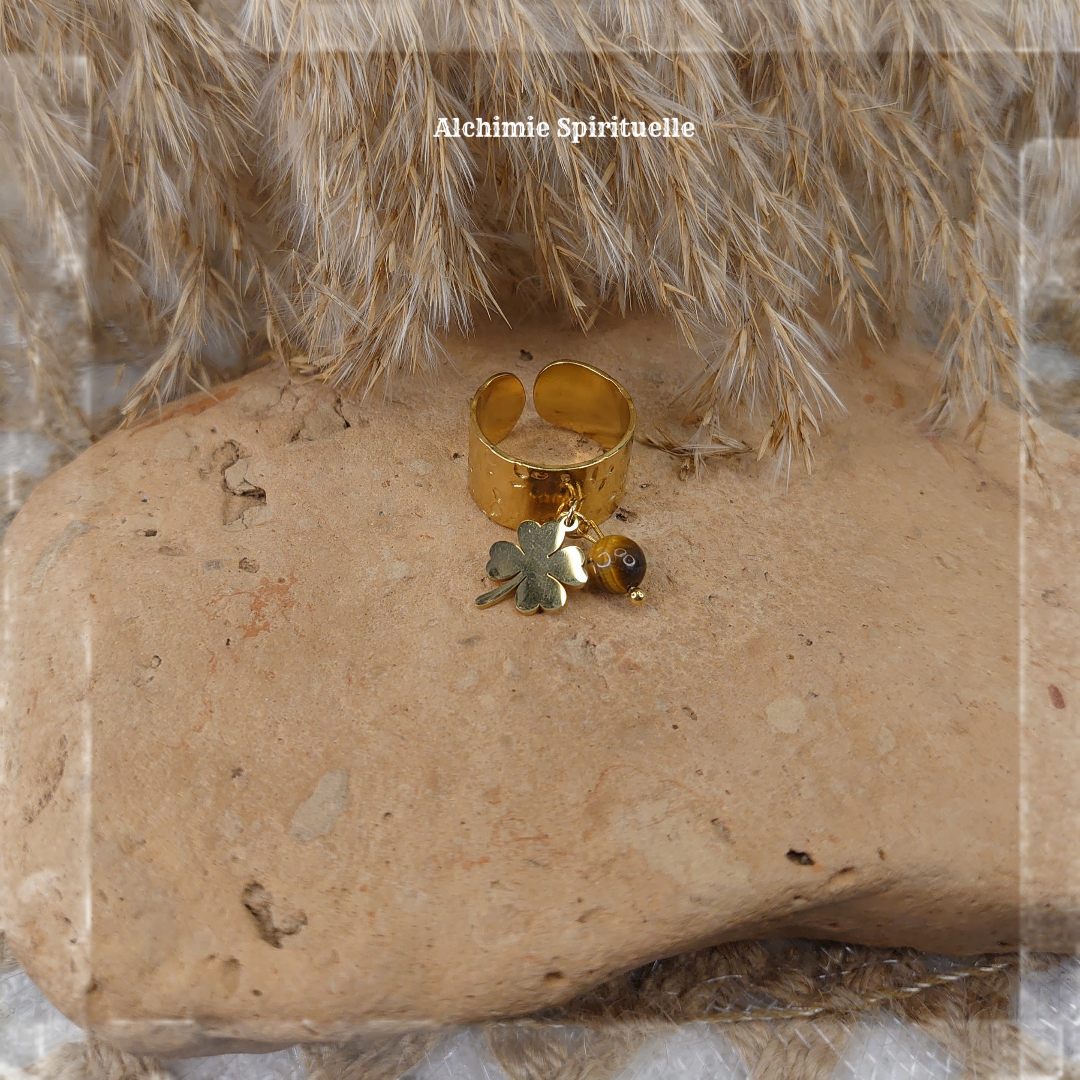 Bague Trèfle à 4 feuilles, Œil de tigre