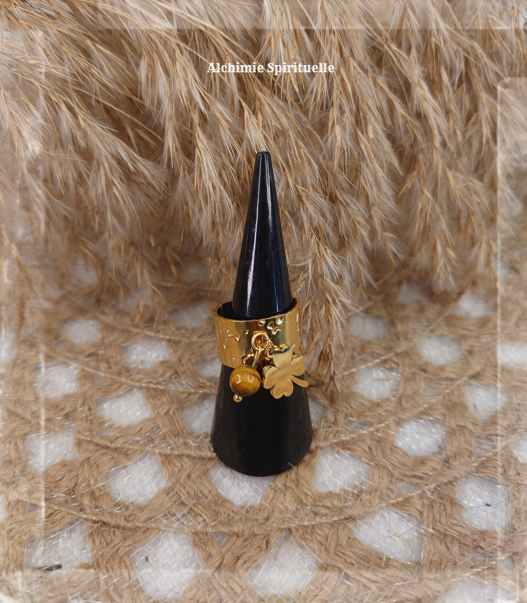 Bague Trèfle à 4 feuilles, Œil de tigre