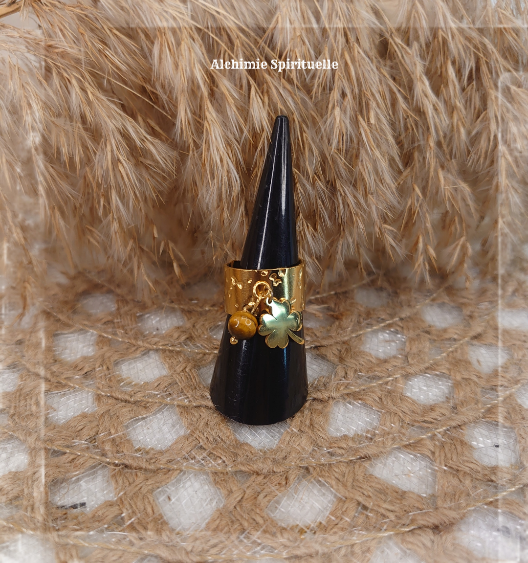 Bague Trèfle à 4 feuilles, Œil de tigre