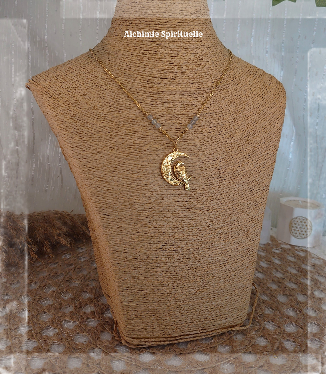 Collier Talisman Lune Corbeau et pentacle