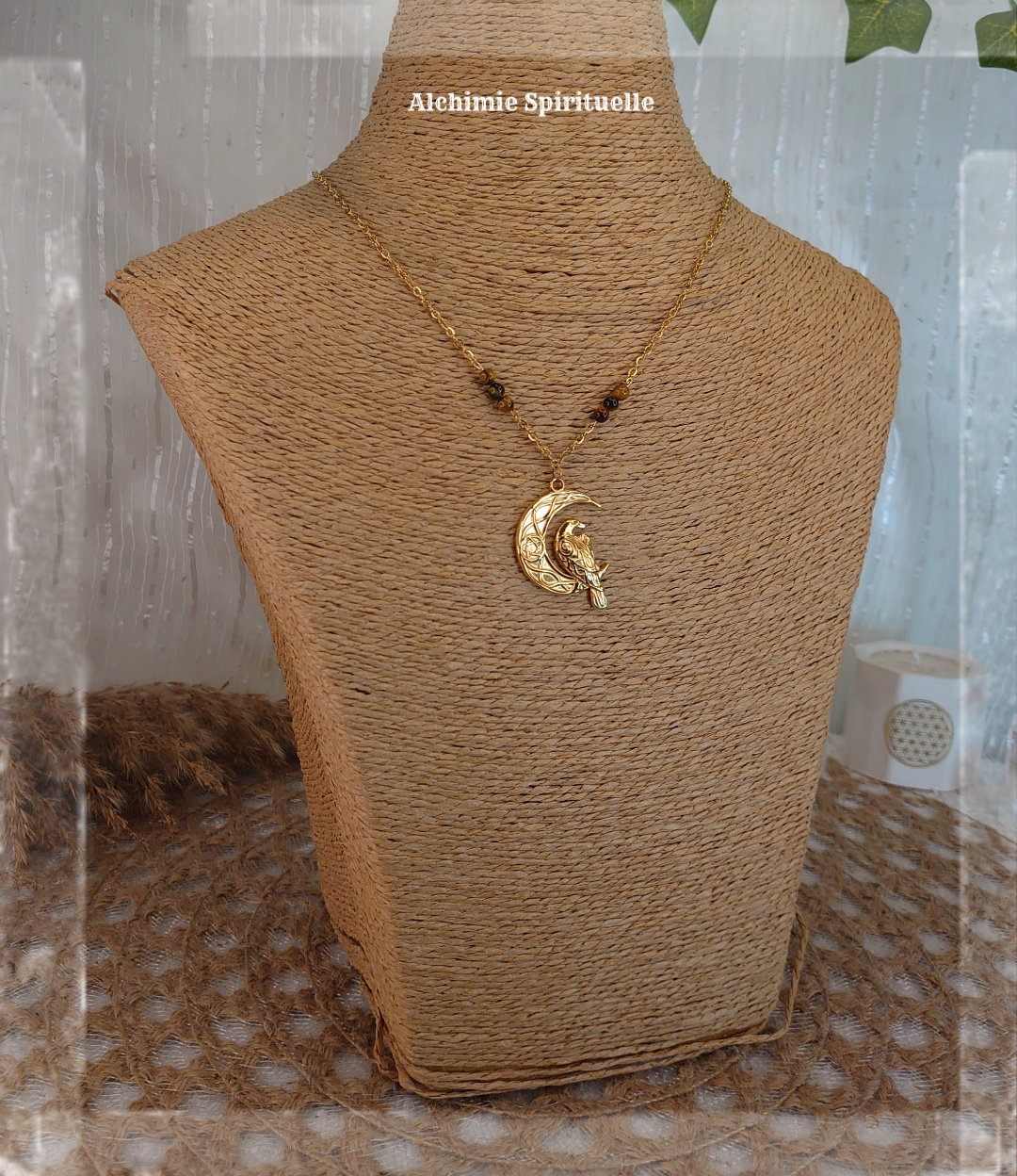Collier Talisman Lune Corbeau et pentacle