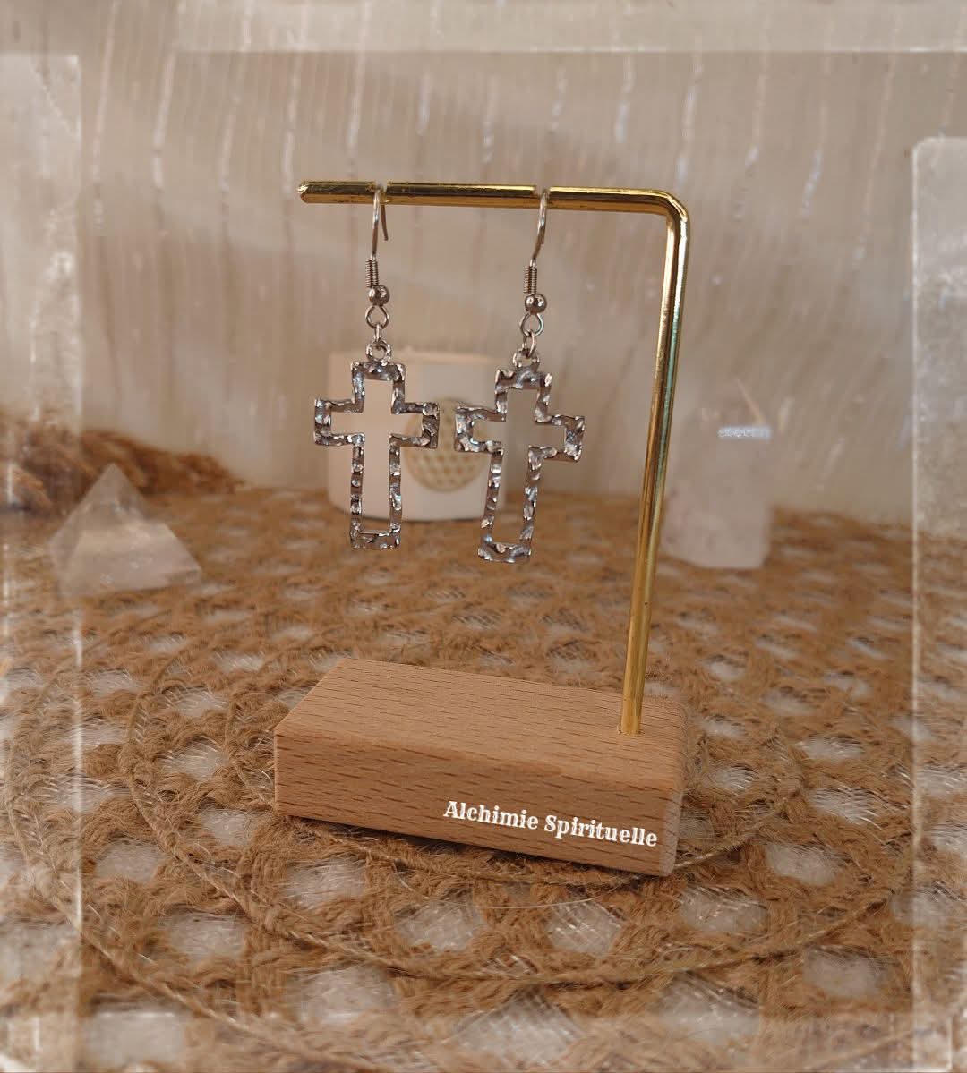 Boucles d'oreille Croix Martelée