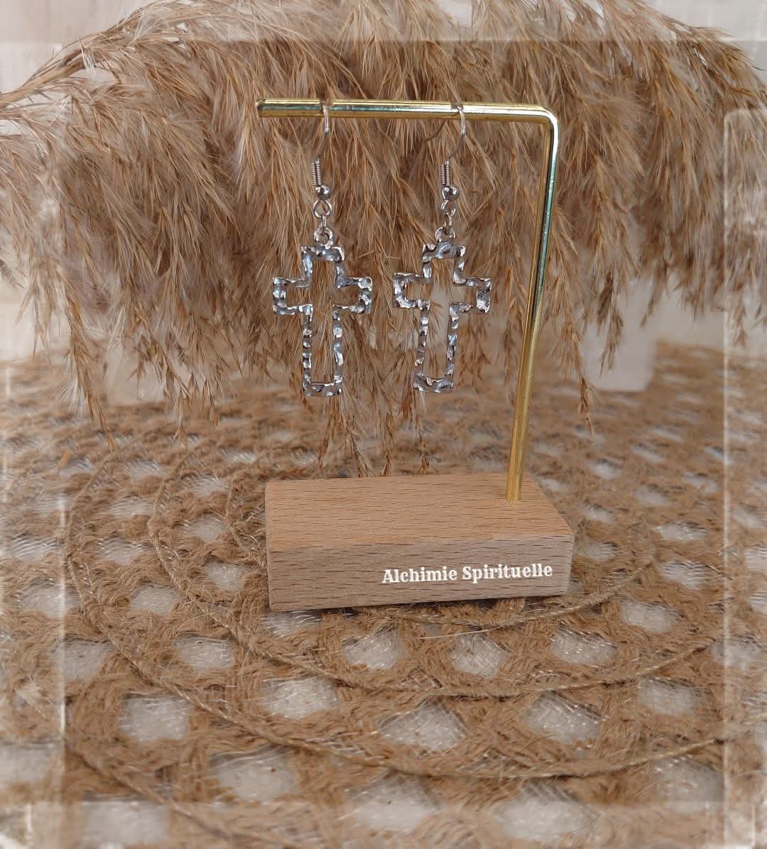 Boucles d'oreille Croix Martelée