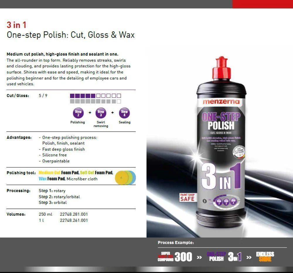 Menzerna -One-Step Polish 3 in 1: Cut, Gloss, & Wax