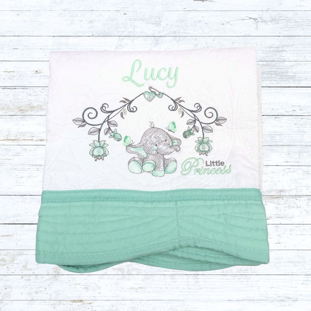 Personalised embroiderd  baby quilt mint  border