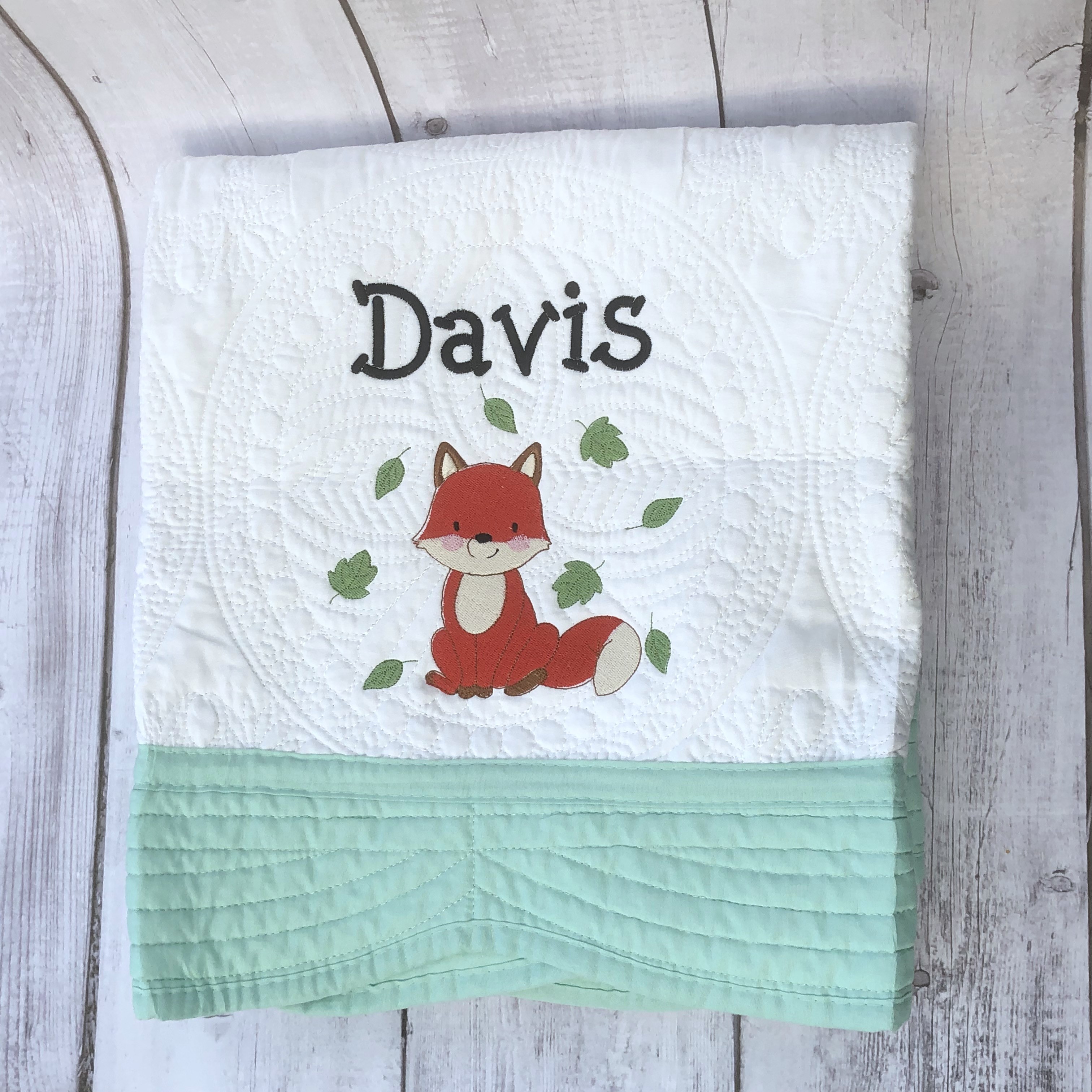 Personalised embroiderd  baby quilt mint  border